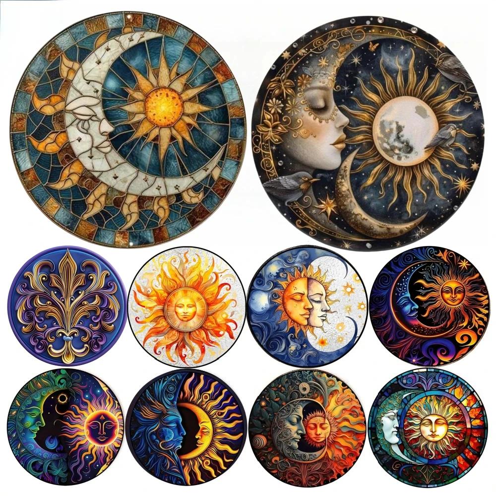 Round Metal Aluminum Sign Art Sun and Moon Wreath Decorative Plates Entrance Gift Mask Theme For Bar Club Home Room Wall Decor