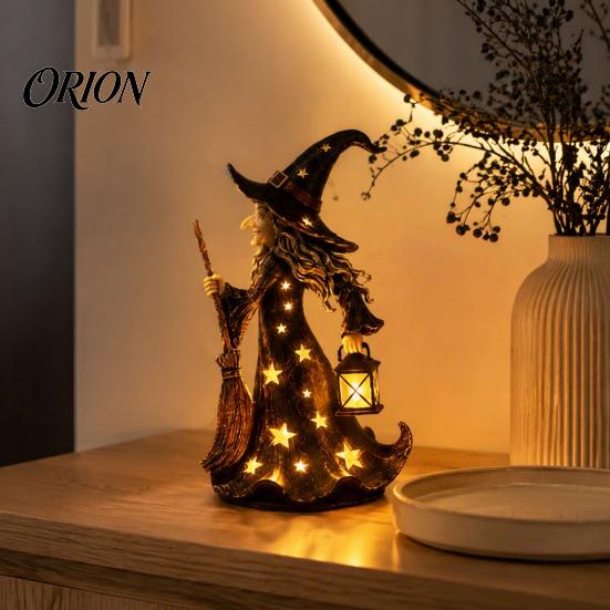 Halloween Party Props Witch Lamp, Light Up Figurine with Broom And Lantern, Gothic Resin Table Decor Spooky Night for Tabletop Indoor Home Mysterious