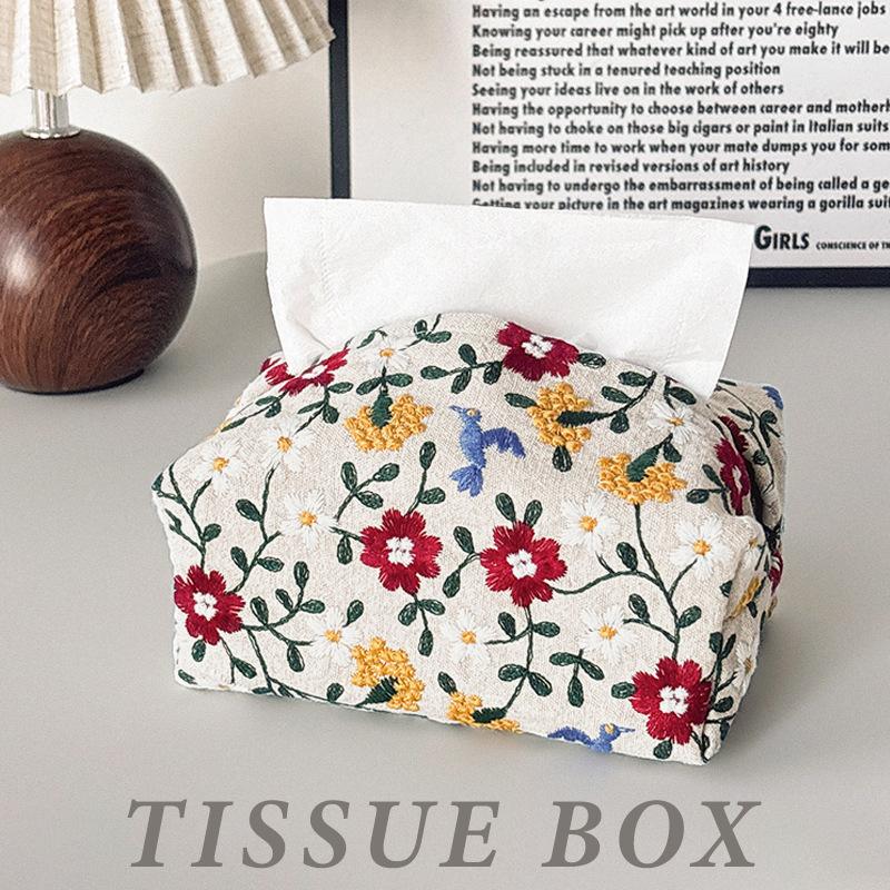 Embroidery tissue cover household bedroom living room high-end fabric tissue box cotton and linen tissue bag desktop paper drawing бежевый