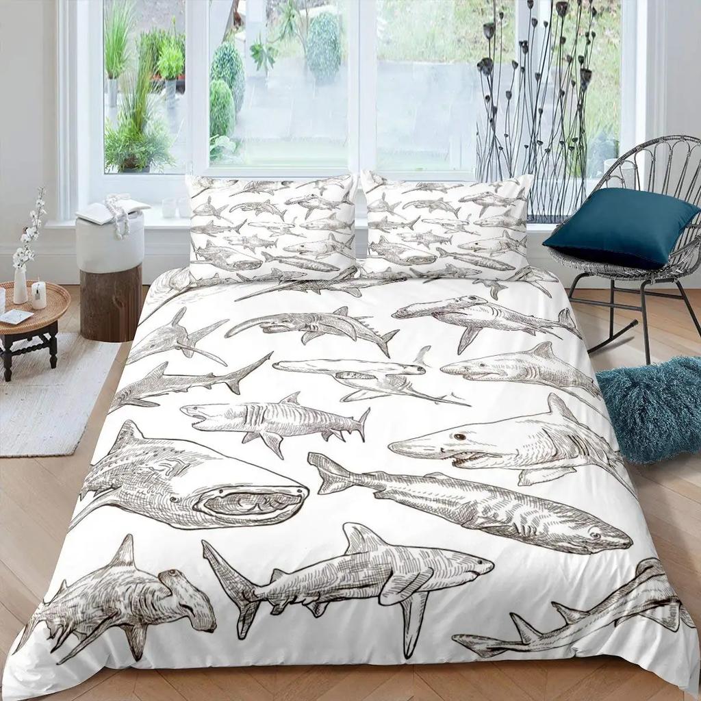Shark Fish Print Soft Duvet Cover Set Lovely Underwater Animals Premium Soft Beding Set Children Tens Adult Peoples Blue Warm Comforter Cover Sets