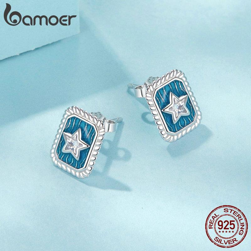 Bamoer Solid 925 Sterling Silver Vintage Star CZ Stud Earrings for Women Gift Retro Denim Blue Enamel Earrings
