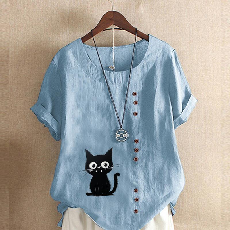 Women's Fashion Cat Prined Short Sleeve T-shirt Loose Cotton Shirt Casual Loose Summer Blouse Plus Size Tops
