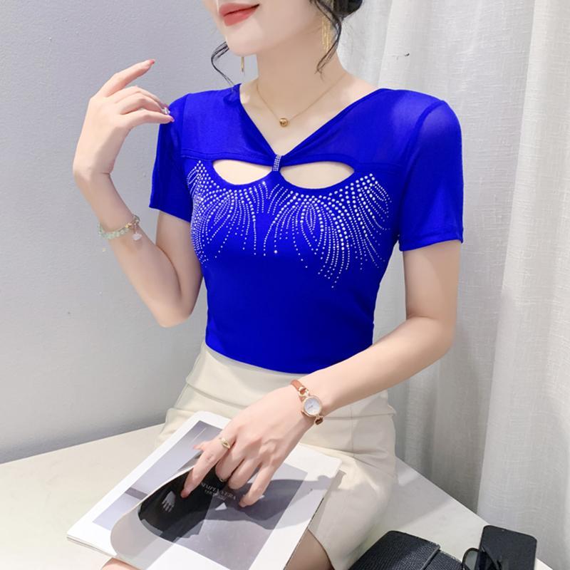 Nová letní móda Dámské síťované tričko Oblečení Šik Sexy Véčkový výstřih Vystřihované Diamantové trička Dámské Krátký rukáv Elastické Slim Top