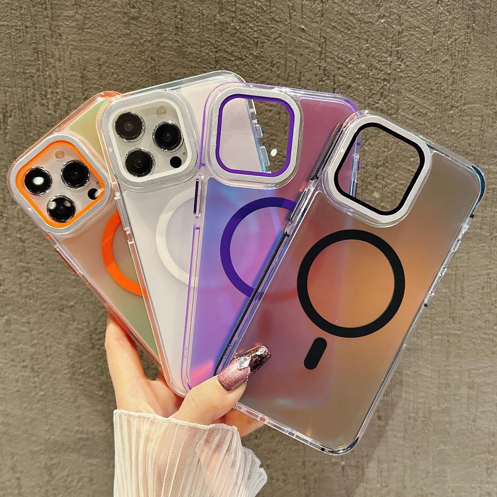 For iPhone 15 Pro Max Magnetic Case TPU Acrylic Phone Back Cover with Lens Film and Kickstand