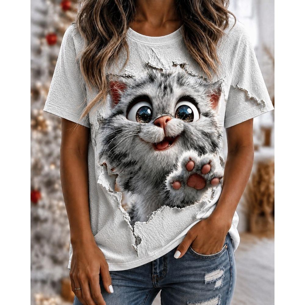 3D Cute Cat Graphic T-Shirt for Women Clothing Stylish Realistic Animal Summer Tees Casual Streetwear Paw Print Female Tops Gift