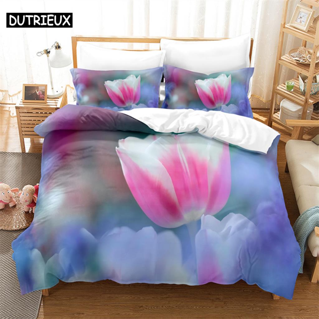 Sky Tulip Lovers Queen Bedding Set Duvet Cover Kids Bedroom Bed Set Comforter Cover Set King Size Duvet Cover Set Bedding Sets
