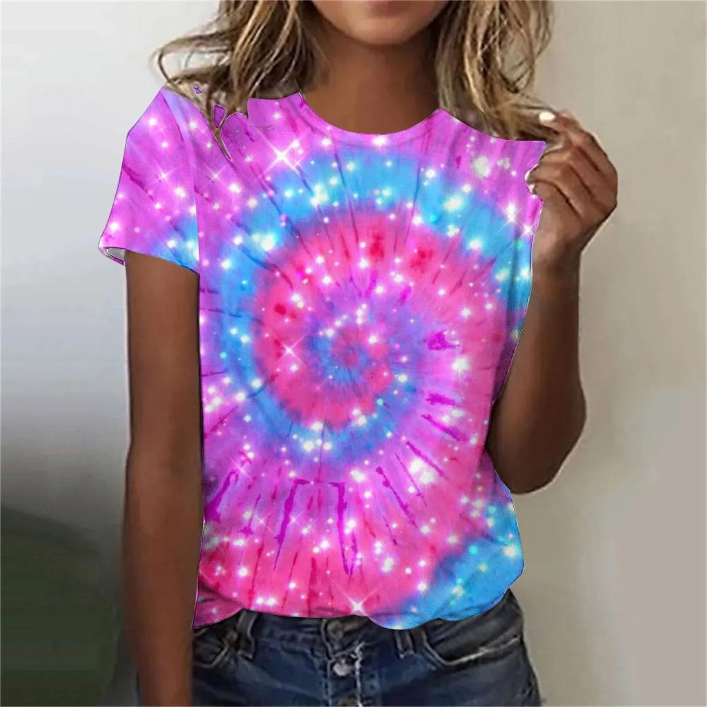 Colorful Tie Dye Pattern 3d Print T-shirts Women O-neck Short Sleeve T Shirt Y2k Harajuku Oversized Tees Tops Female Clothing