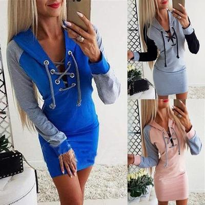 Dress Lace-up Bandages V-neck Women Slim Bodycon Dress Long Sleeved Patchwork Causal Hoodies Dress