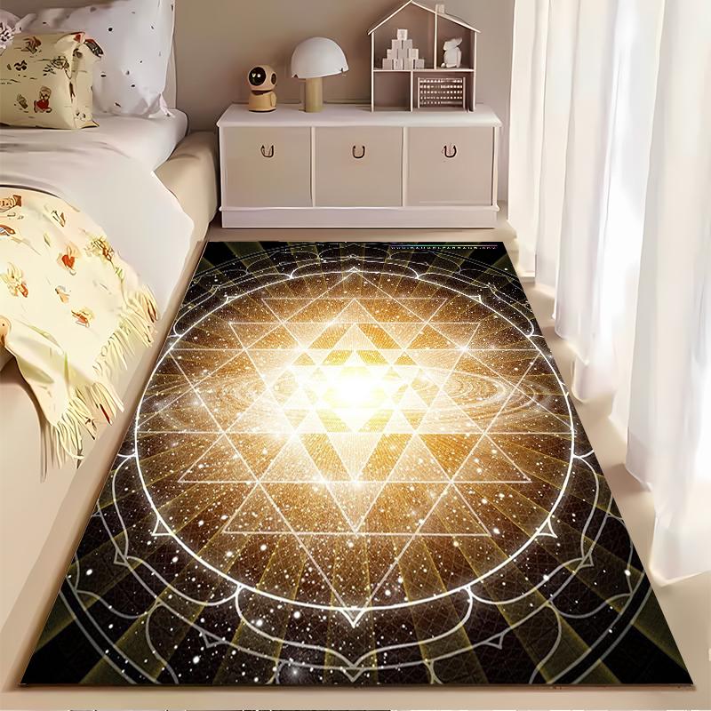 Area Rug, Sri Yantra Sacred Geometry Gold Glowing Light Cosmic Print, Meditation Room Decor, Non-Slip Mat