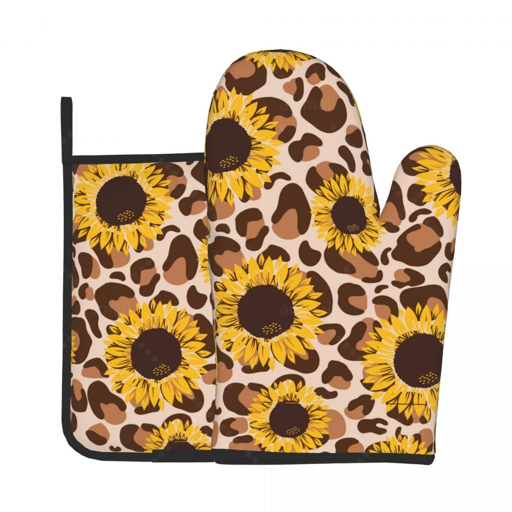 Sunflower Heat Resistant Oven Mitts and Pot Holders Sets Oven Gloves for BBQ Cooking Baking Grilling