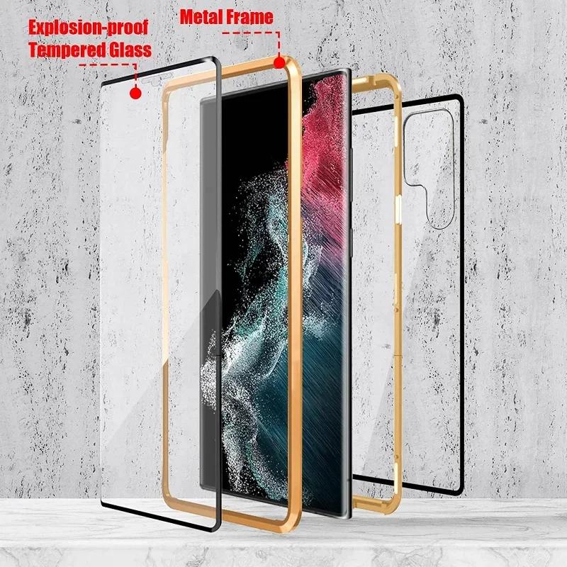 Metalowe Magnetyczne Etui dla Samsunga Galaxy A56 A36 S22 S23 FE S24 S25 Ultra Plus Dwustronna Adsorpcja Szkła Hartowanego Pokrywa
