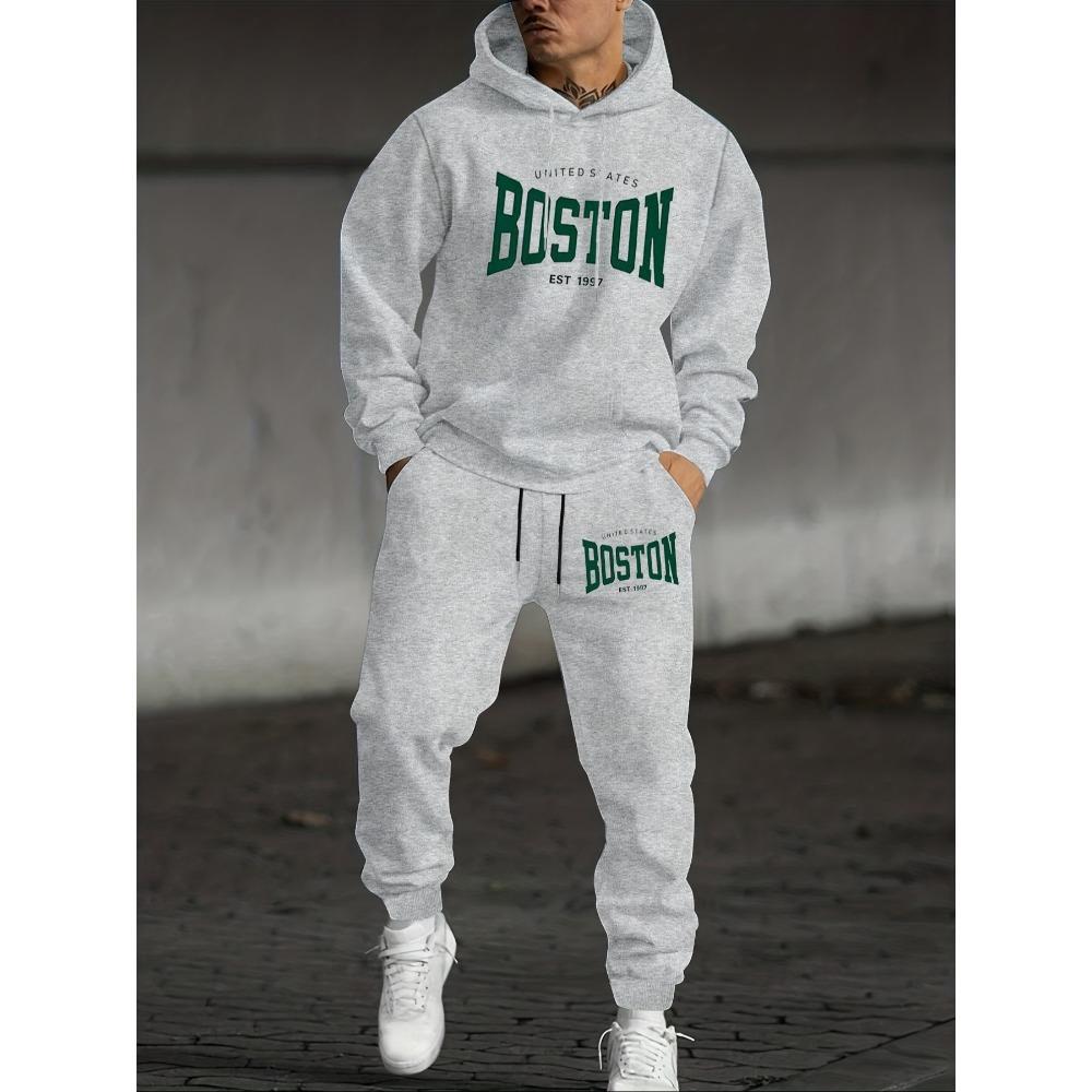 Men's Casual 2 Piece Set, Boston Printed Drawstring Pocket Hoodie and Drawstring Outdoor Casual Sports Pants
