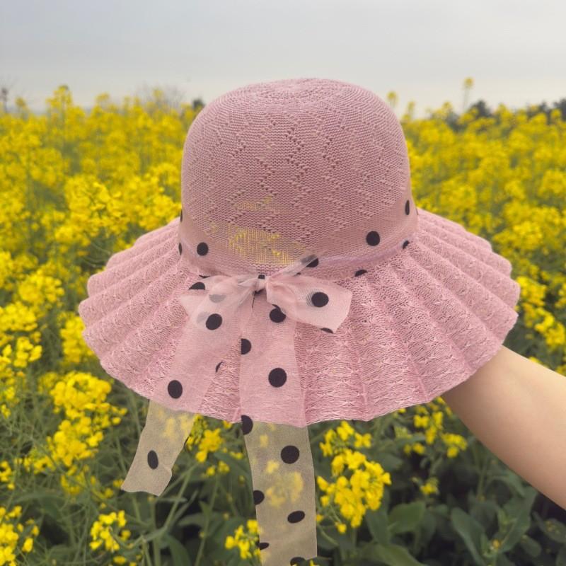 Straw Hat With Polka And Bow Design For Sun Protection Summer Beach Fashion