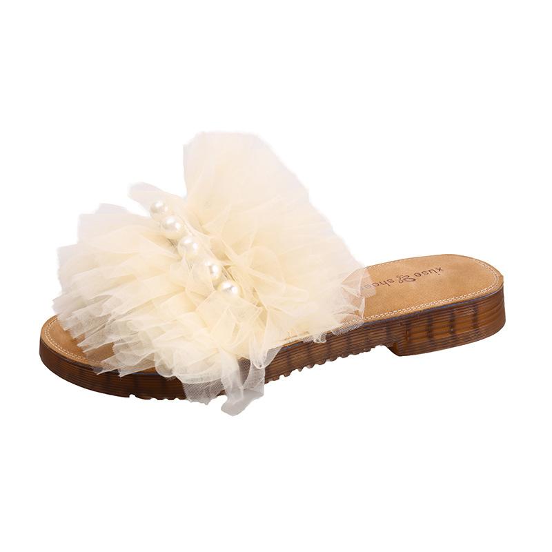 2025 Summer New Fairy Style Pearl Slippers Women Wear Flat Bottom Thin Bottom One Word Drag Beach Sandals with Skirt