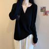 Women's Plus Size Slimming Black V-Neck Long-Sleeve Knit Top - 2026 Winter Belly Cover