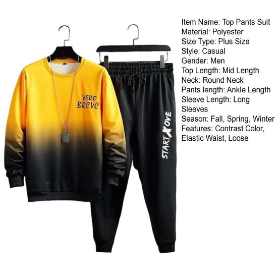 2 Pcs/Set Men Top Pants Suit Gradient Contrast Color Long Sleeve Round Neck Loose Elastic Waist Ankle Banded Hip Hop Sports Tracksuit Fall Spring Top