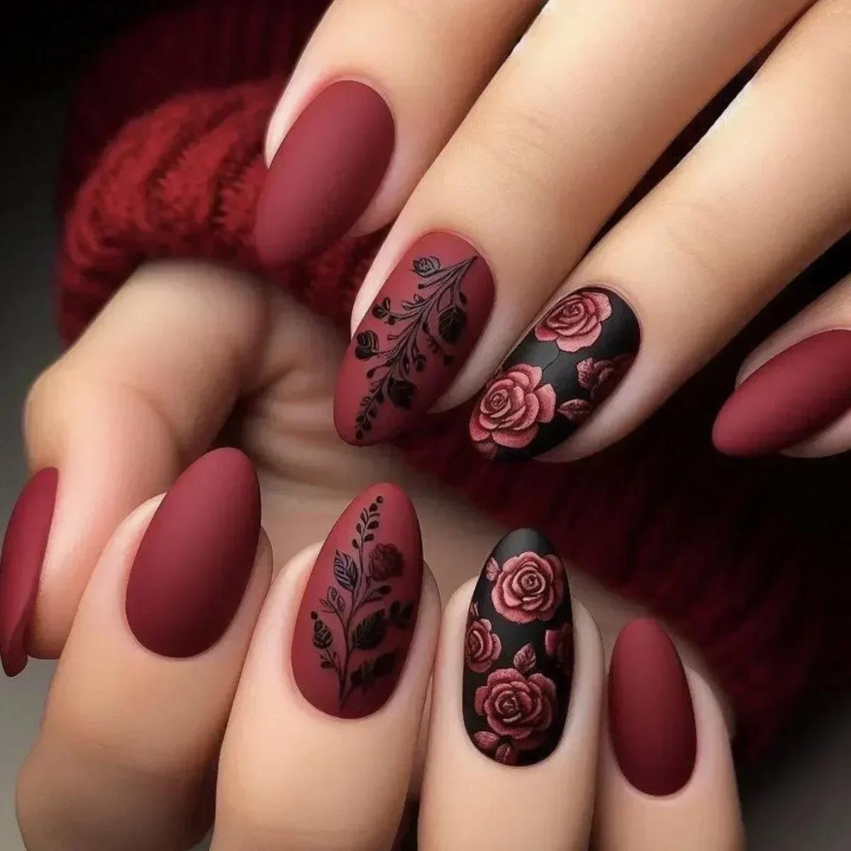 

24Pcs Autumn Winter Matte Almond False Nails with Glue Rose Leaf Printing Nail Art Simple Full Cover Press on Acrylic Nails Tips