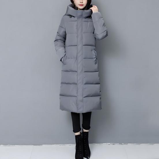Winter Down Coat Thickened Padded Hooded Stand Collar Knee Length Pockets Zipper Closure Windproof Heat Retention Warm Daily Outwear Cotton Jacket