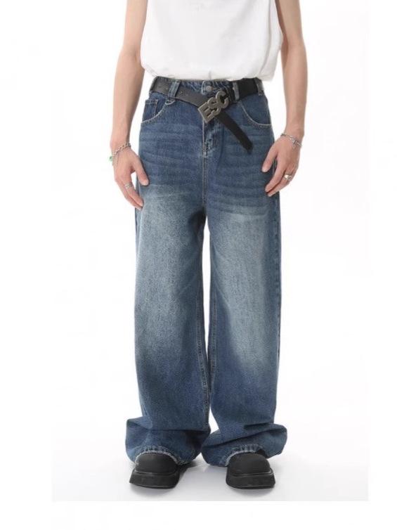 Men's Vintage Washed Wide-Leg Jeans: Retro Straight, Loose Drape, Floor-Length, Spring/Autumn 2025.