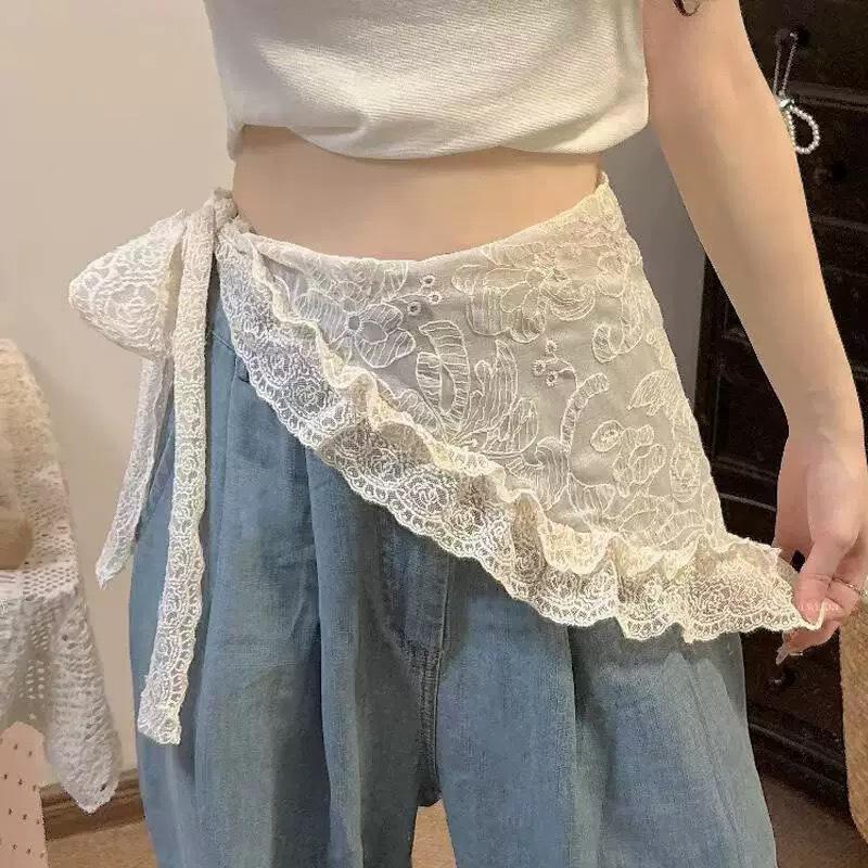 Korean Lace Embroidered Waistband Tulle Skirt with Layered Scarf Accessory
