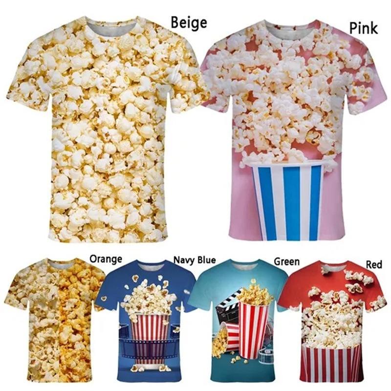 Popcorn 3D Printed Short Sleeved T-shirt Summer Breathable Polyester Simple Round Neck Top