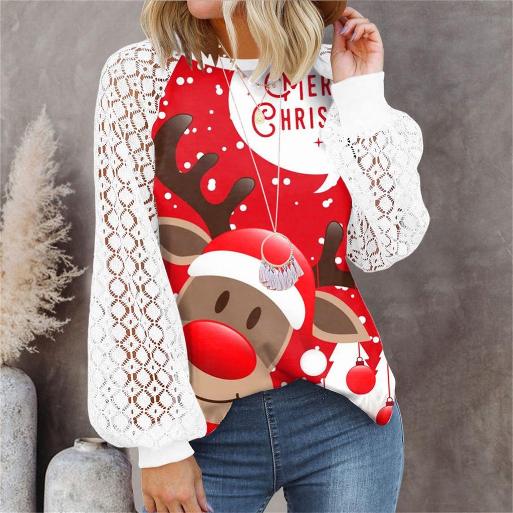 Women’s Christmas  Long Sleeve Tops Lace Casual Loose Blouses T Shirts Tunic Tops