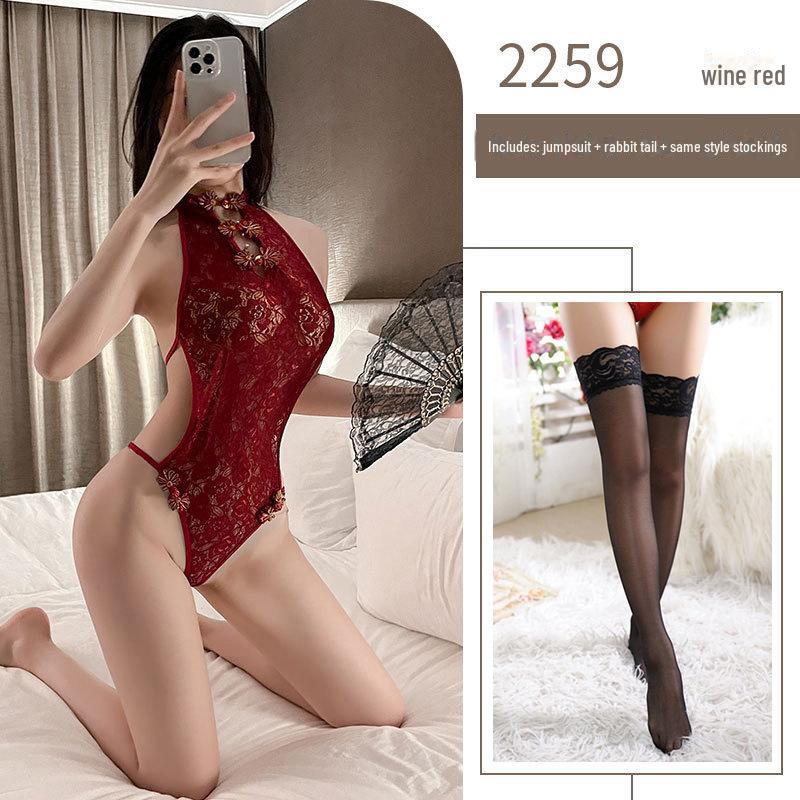 Milian Retro Lace Cheongsam: Tempting Open-Crotch Lingerie One-Piece.
