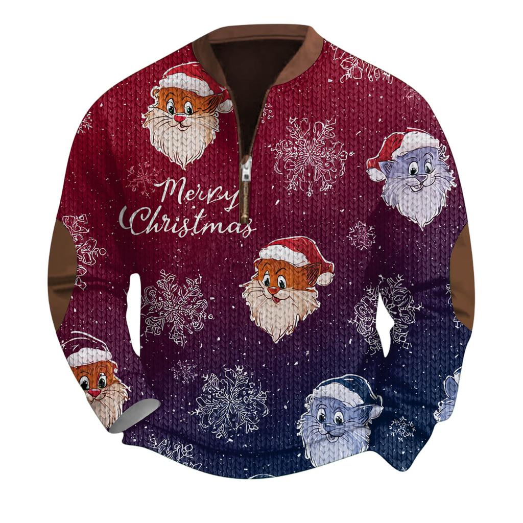 Mens Christmas Sweater Zip Up Sweatshirts Vintage Knit Graphic Sweatshirt Xmas Stand Collar Pullover