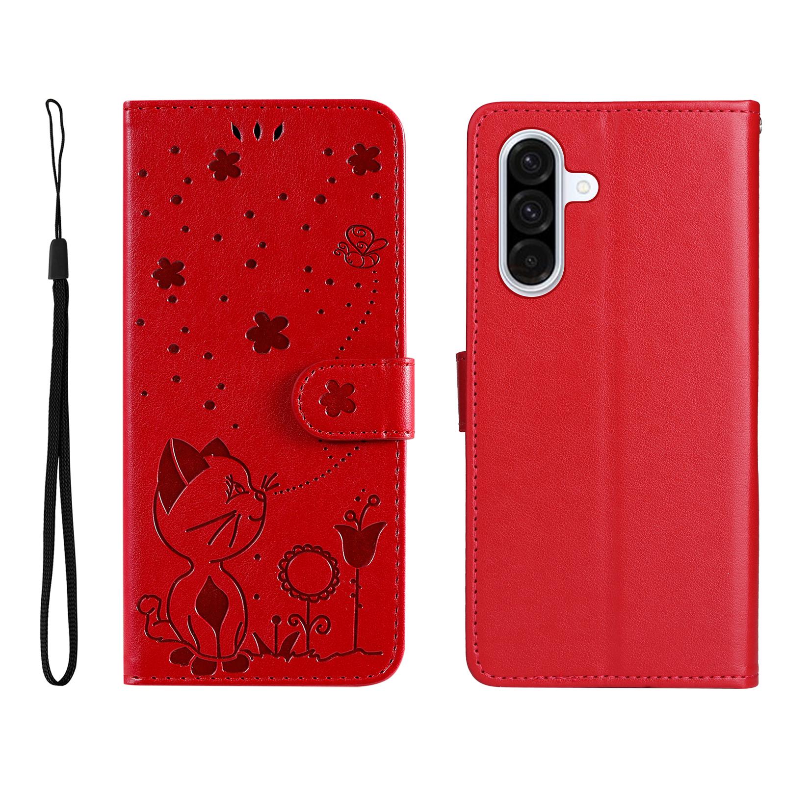 

For Samsung Galaxy A56 5G Leather Wallet Case Cat Bee Pattern Phone Cover Stand Red