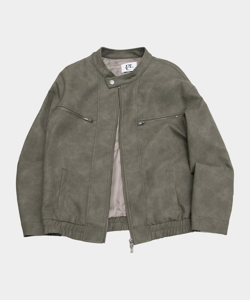 Placestudioman Vintage Oversized Neck Button Two-Way Leather Racing Biker Jacket_2 Colors