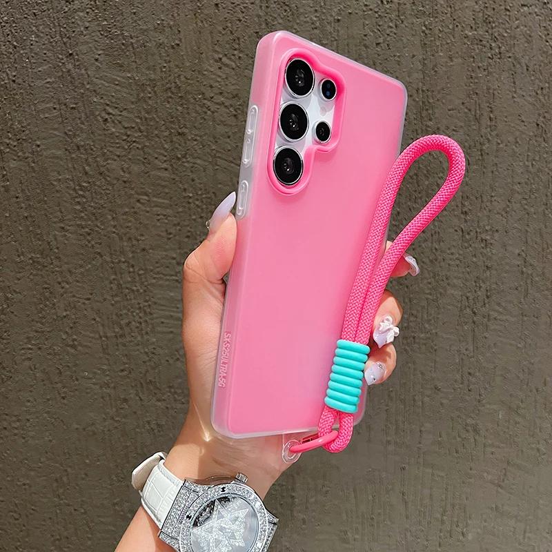 

New Candy Color Matte With Lanyard Case For Samsung Galaxy A56 A17 A07 A36 A26 A16 A06 A55 A35 A25 A15 A05 A54 A53 A52 A73 Cover Case & Strap&Galaxy A07 рожевий червоний колір