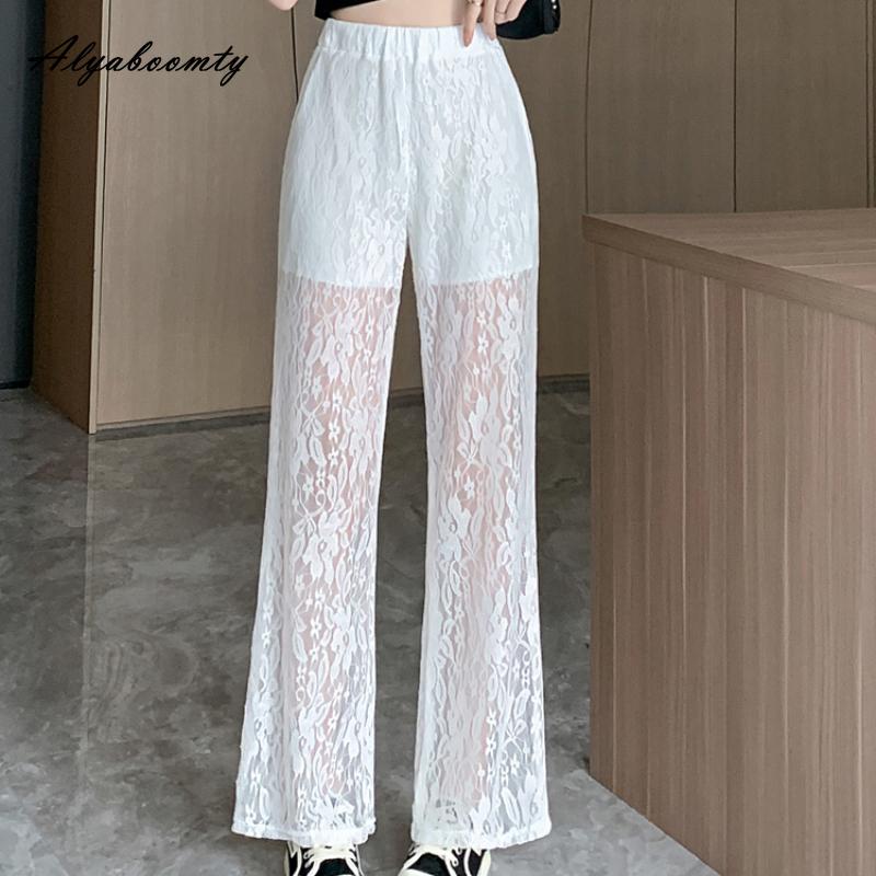 Korejská móda letní dámské bílé krajkové kalhoty s elastickým pasem, tenké stylové dámské elegantní ženské kalhoty se širokými nohavicemi