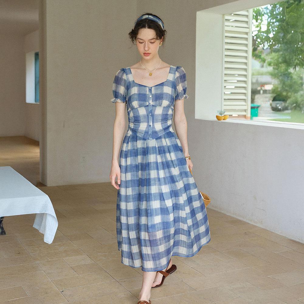 Simpeulleteulo Sr_Blue Checkered Cinching Dress
