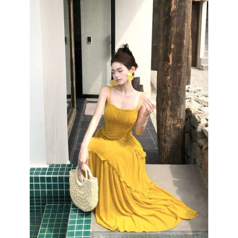 Kumikumi Design Sense Mesh Patchwork Sling Dress Women Summer Seaside Holiday Style High Waist Slimming Long dress
