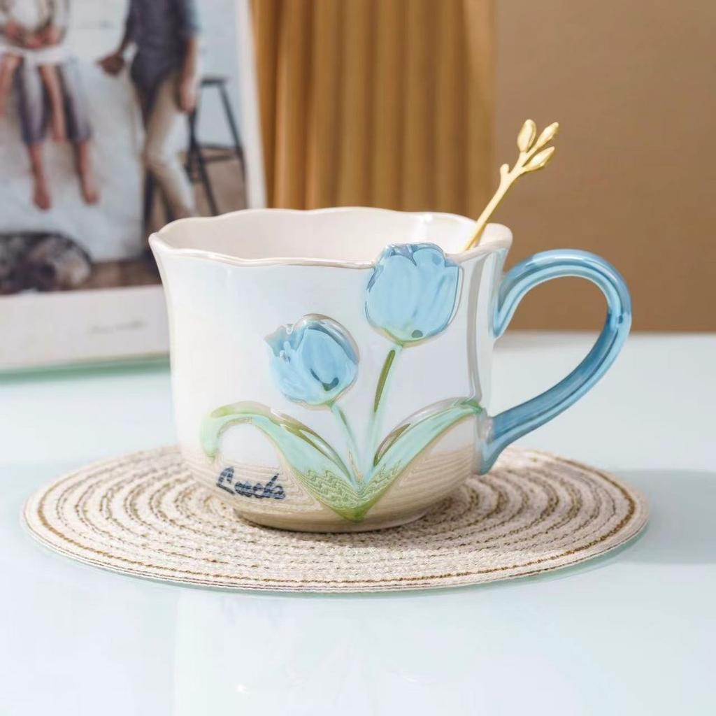 Tulip Ceramic Cup Exquisite Three-dimensional Relief Household Girl's High-Looking Coffee Cup Mug