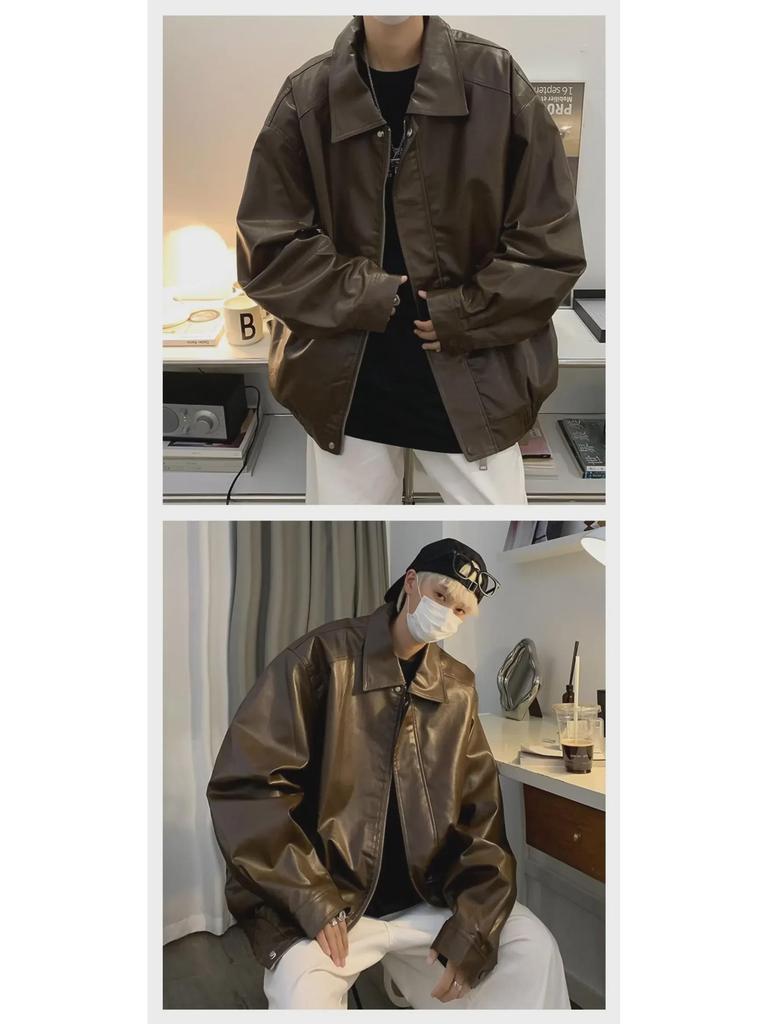 Unisex American Retro Brown PU Leather Motorcycle Jacket - 2024 Spring & Autumn Collection