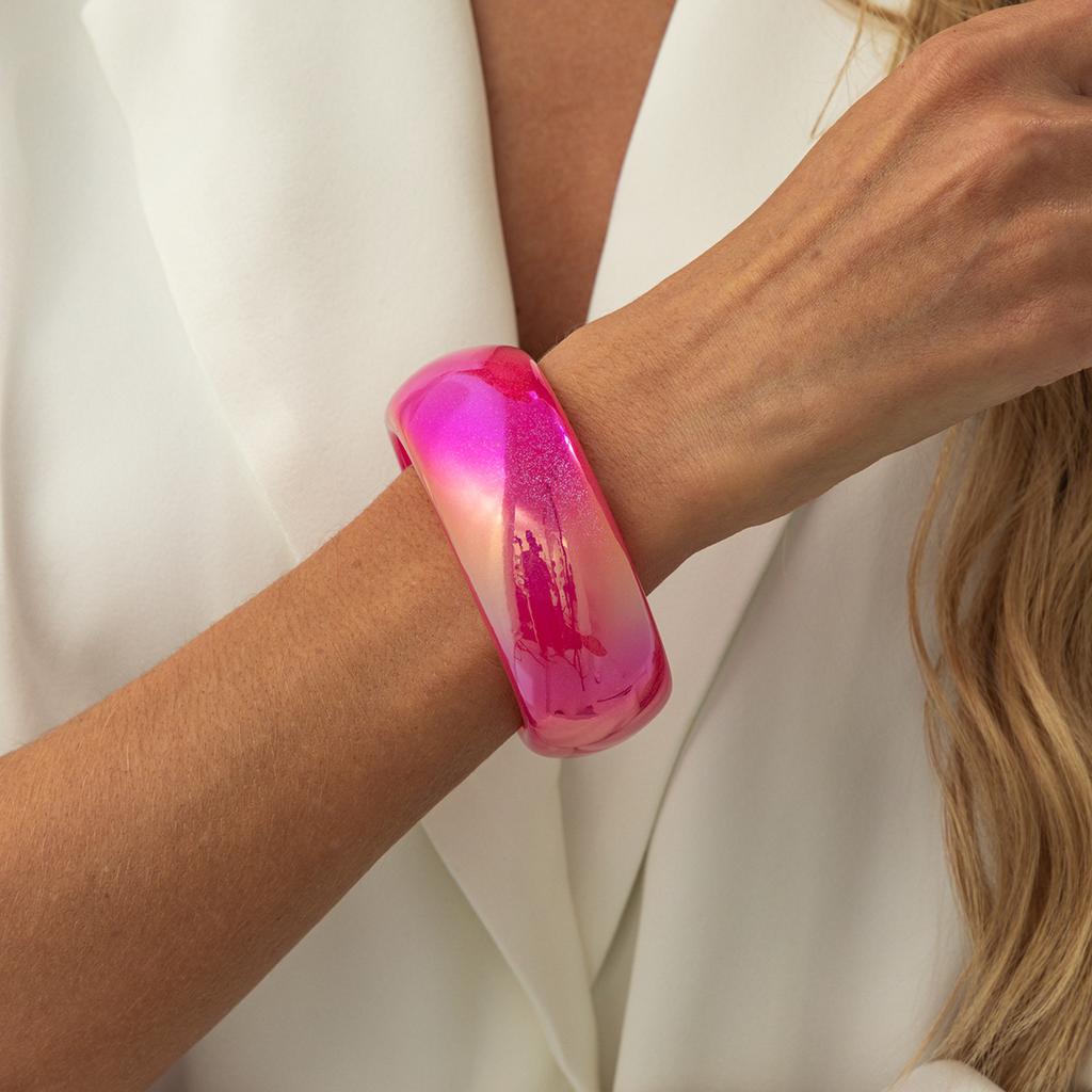 Fashion Laser Colorful Resin Wide Bracelet, Exaggerated Geometric Round Glossy Pearlescent Bracelet