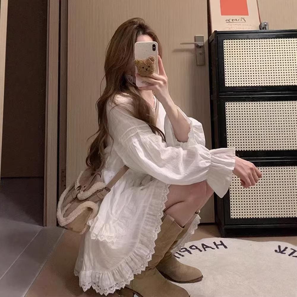 White Super Fairy Waist Thin Long-sleeved Dress Women's Spring and Autumn Fluffy Cake Dress Temperament Sweet Little White Skirt