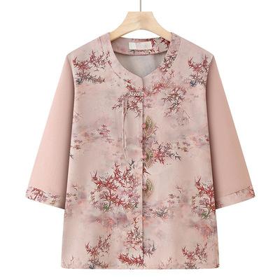 Summer Chinese Style Loose Open Front Shirt for Elderly Women Grandma Casual Three-quarter Sleeve Blouse