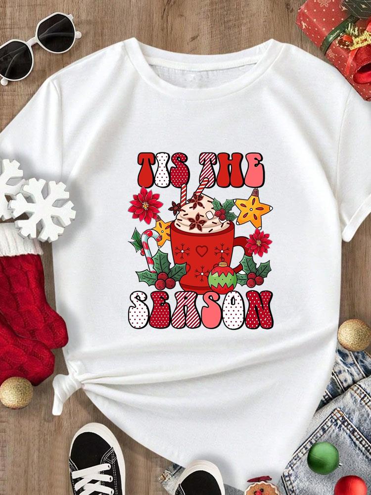 (Asian Size) Tee Merry Christmas New Year Holiday Top festival Casual Women cartoon trend cute Print Lady Short Sleeve Fashion Graphic T-shirts