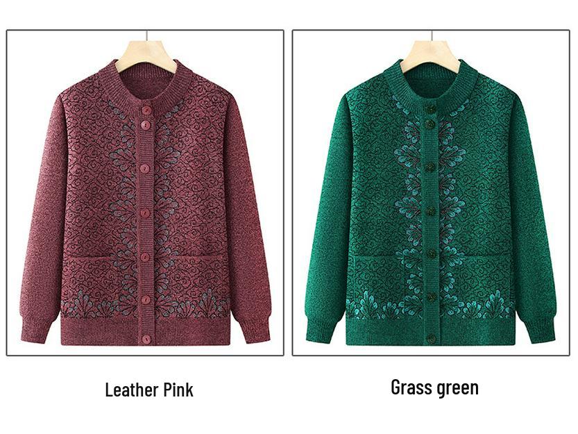 Round Neck Knitted Cardigan for Middle-Aged and Elderly Women - Grandma Style Sweater for Spring and Autumn