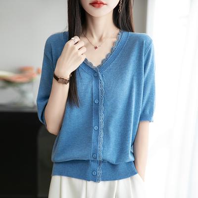 A New Summer Solid-color Loose-fitting V-neck Knitted Cardigan with Short Sleeves for Women