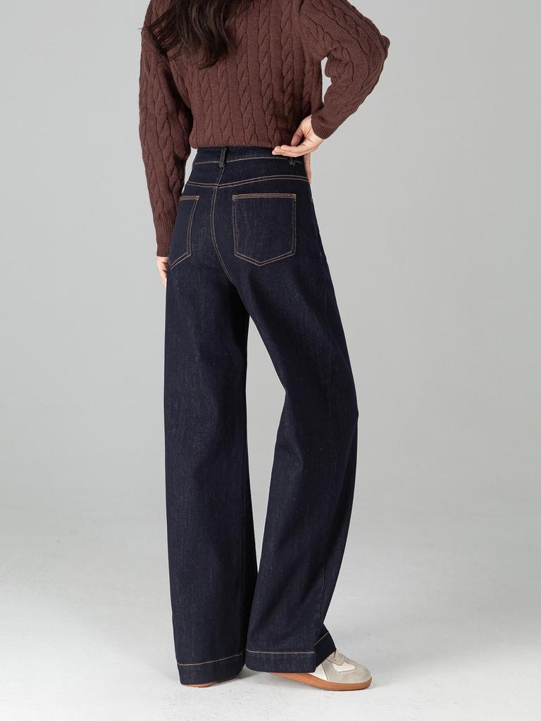 Damen Klassische High-Waist Denim Blau Weitbeinige Hose - Slim Fit, Neuer Herbststil, Figurbetonend und Schlichtes Design in Weiß.