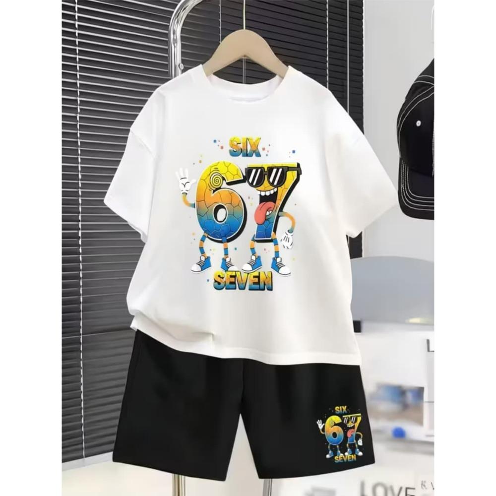 

Fashion 67 Number Funny Printed Kids T-shirt and Shorts 2 Piece Set Summer Home Outdoor Casual Outfit for Boy and Girl s T-shirt Set 5-6Y