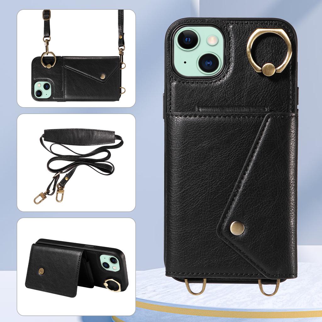 For iPhone 15 Series.for iPhone 15,15 Plus,15 Pro,15 Pro Max Shoulder Strap Rope Ring Bracket Design Card Holder Slots Lichee Pattern Cover Phone Case