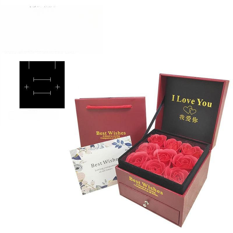 Gül Hediye Kutusu Seti (Kutu + Çanta + Çiçek + Tebrik Kartı) Küpe + Yüzük + Kolye Üç Parça Set