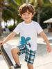 26-Year Spring/Summer Kids' Embroidered Plaid Short-Sleeve Set with Cartoon Octopus Design, Round Neck, Two-Piece.