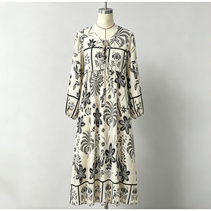 Bohemian Floral Print V-Neck Linen Blend A-Line Maxi Dress With Tie Waist Lantern Sleeves