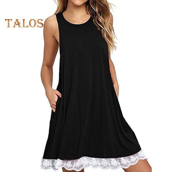 Lady Sundress with Side Pockets Lace Trim Hem A-line Sleeveless Round Neck Solid Color Mini Dress Summer Short Dress for Beach Dating Daily Wear