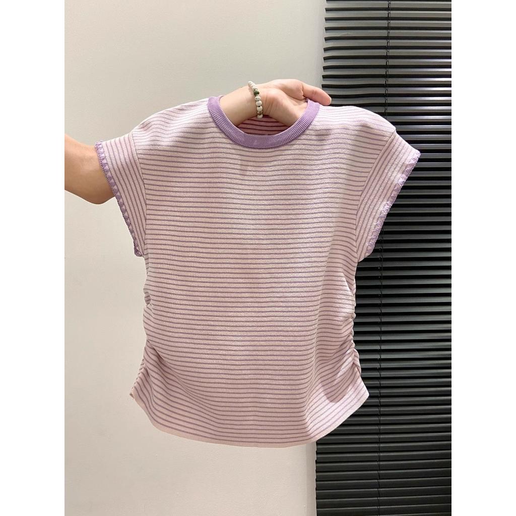 Premium sense flying sleeve T-shirt women's contrasting color striped knitted short sleeve summer small casual and thin bottoming top